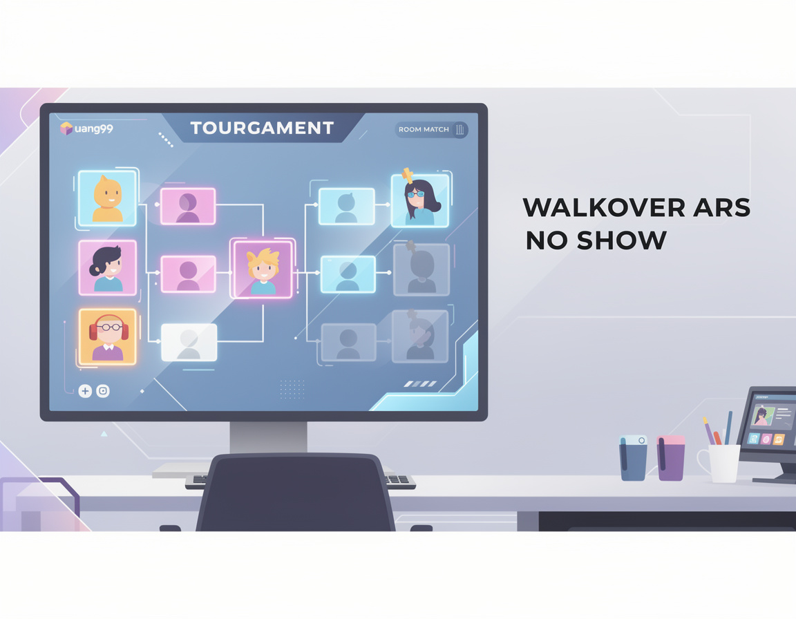 Ilustrasi aturan walkover dan no show yang mudah dibaca untuk turnamen game online uang99 dengan bracket dan room match