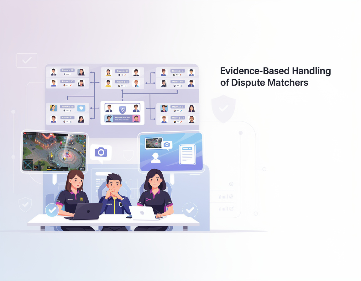 Ilustrasi cara menangani dispute match berbasis bukti untuk turnamen game online uang99 dengan bracket dan room match